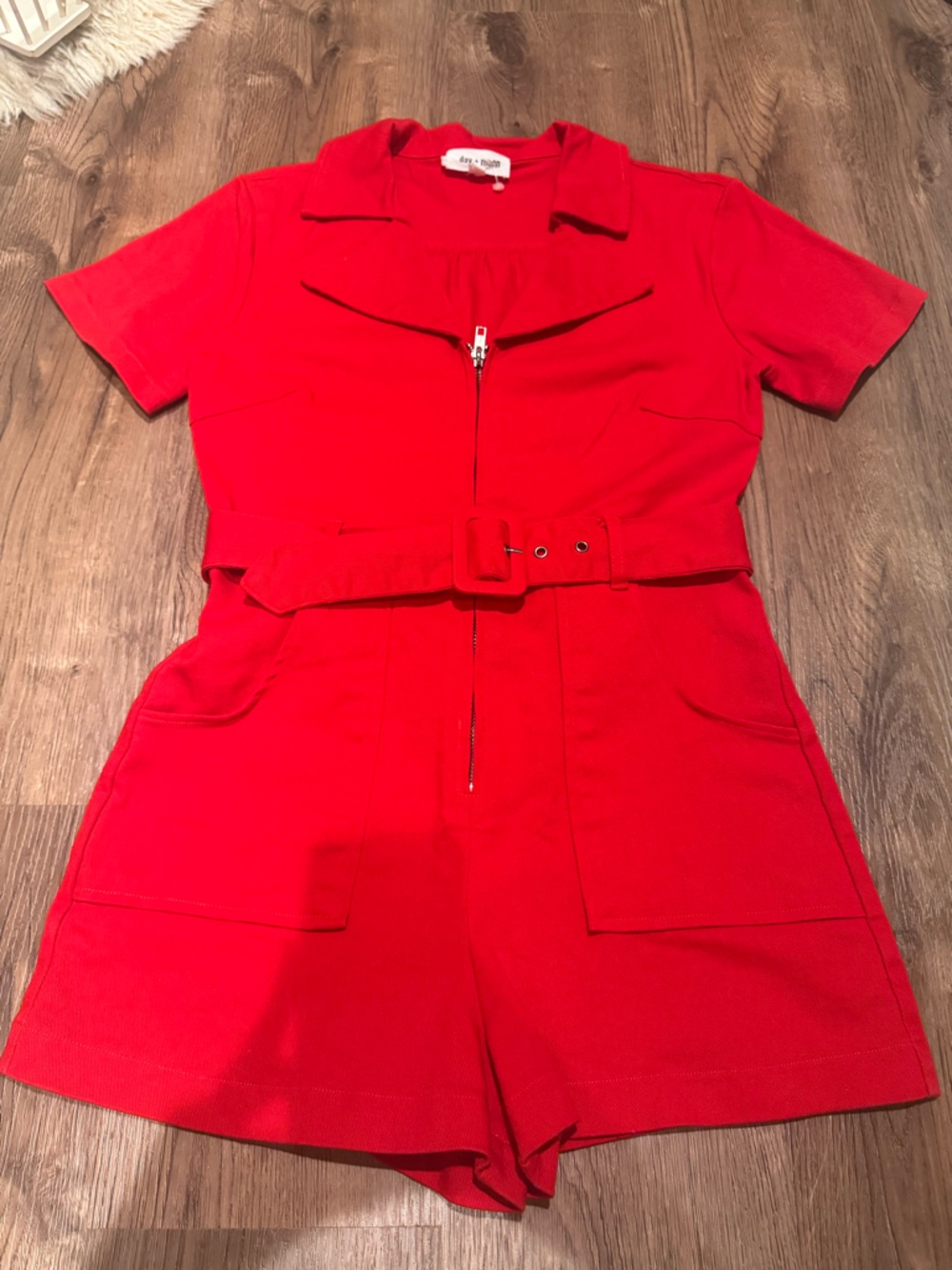 Bright Red Zip-Front Short Jumpsuit with Self-Tie Belt